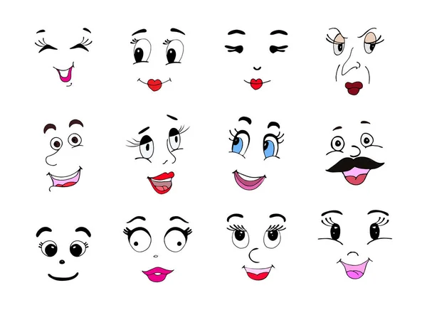 Cartoon faces. Cartoon comic emotion. Hand drawn emotion set isolated, Expressive eyes and mouth, smiling, angry and happy character expressions.