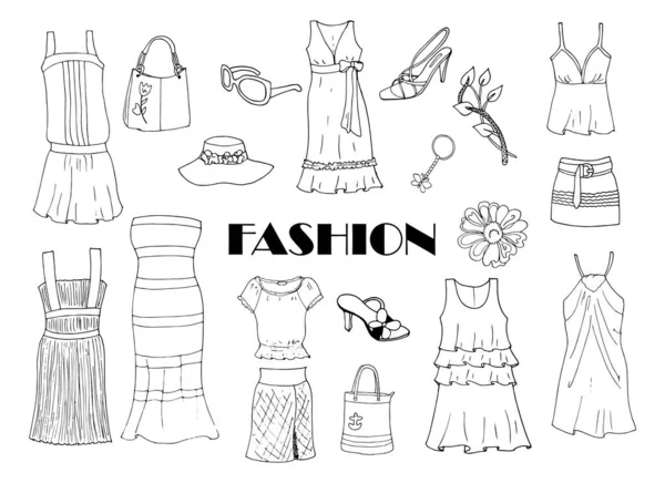 Hand Drawn Summer Women Clothes Doodle Style Fashion Related Hand — Stock Vector