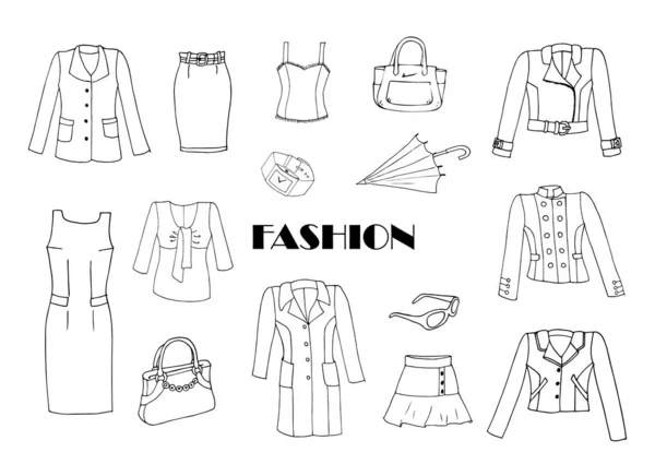 Sketch Clothes Accessories Design Black White Woman Fashion Collection Set — Stock Vector