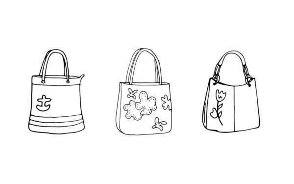 Hand Drawn Ladies Bag Doodle Set Isolated White Background — Stock Vector