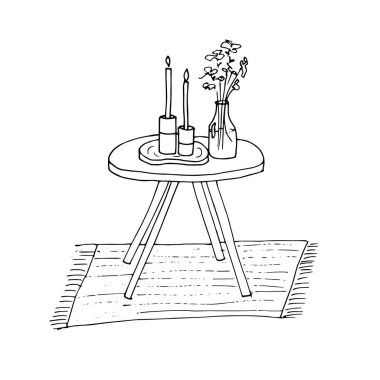 Mumlar ve çiçeklerle el çizimi masa, arka planda izole edilmiş, vektör illüstrasyonu