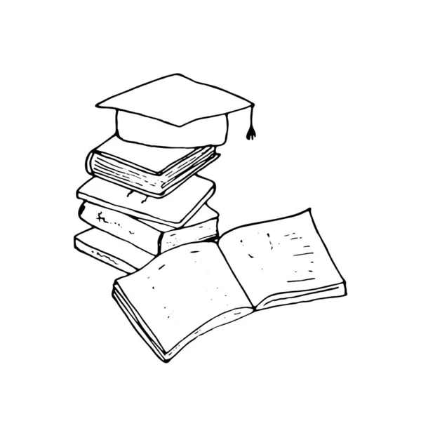 Gorra Graduación Cuadrada Con Montón Libros Tapa Académica Dibujada Mano — Vector de stock