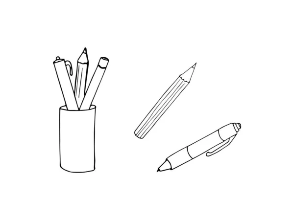Federmäppchen Bleistift Und Stift Handgezeichnete Vektorillustration Isoliert Auf Weißem Hintergrund — Stockvektor
