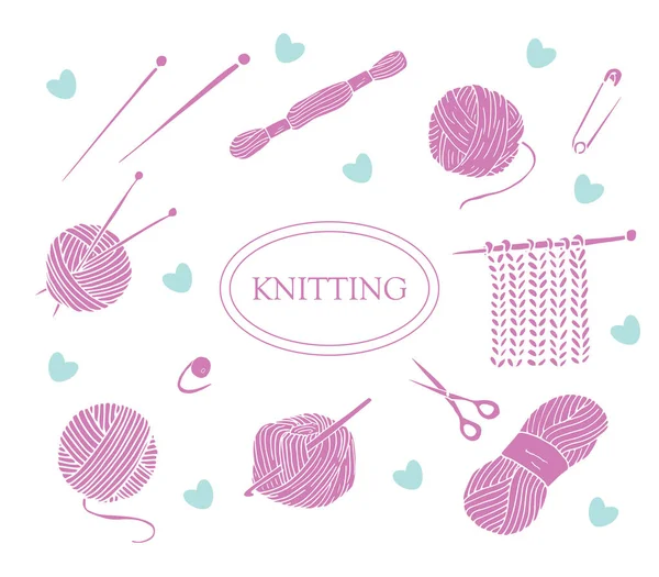 手でピンクの編み物のドアを描いた ニットとアイコンのかぎ針編みセット 手描きの編み物コレクション 分離ベクトル図 — ストックベクタ