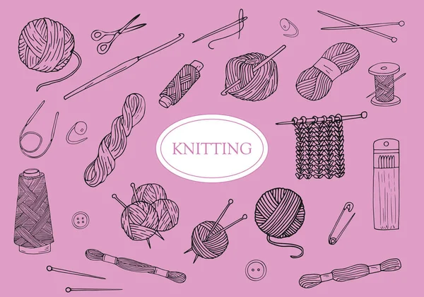 Hand Drawn Instruments Knitting Tools Knitwork Handicraft Crocheting Knitting Wool — Stockvector