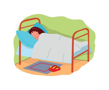 Geceleri yatak odasında rüya gören güzel bir çocuk. Sıcak bir battaniyenin altında yastığın üzerinde uyuyan tatlı bir kız. Düz vektör illüstrasyonu