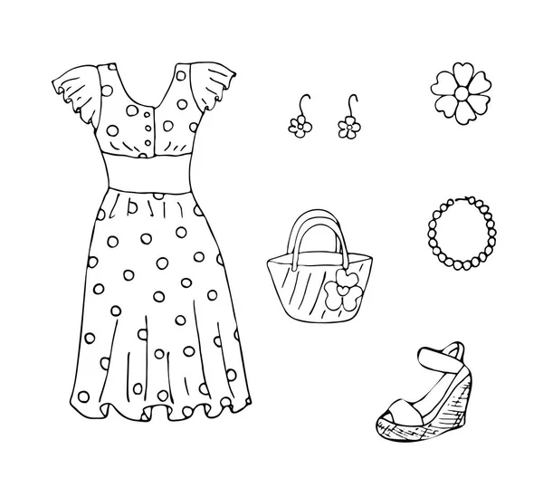 Літня Сукня Аксесуари Жіночий Одяг Векторні Малюнки Єктів Намальованих Вручну — стоковий вектор