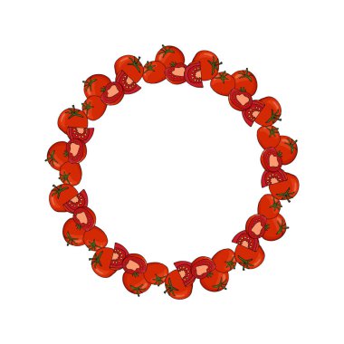 Etiketler, çıkartmalar ve ambalajlar için el yapımı kırmızı domateslerin dairesel çerçevesi.