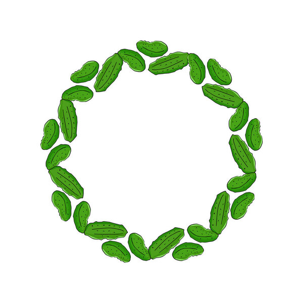 Circular vegetable frame, cucumber wreath, for label, sticker, banner, background