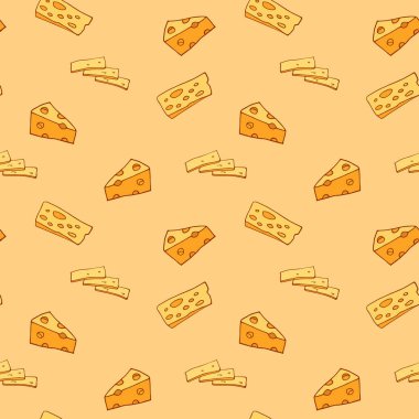 Duvar kağıdı, ambalaj, paketleme, tekstil ve fon için sarı zemin üzerinde kusursuz peynir dilimi vektörü deseni.