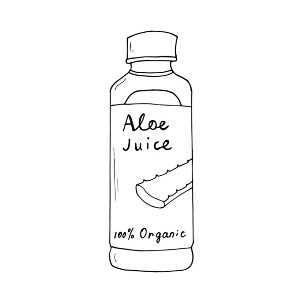 Skiss Aloe Juice Flaska Med Bokstäver Handritad Aloe Juice Med — Stock vektor