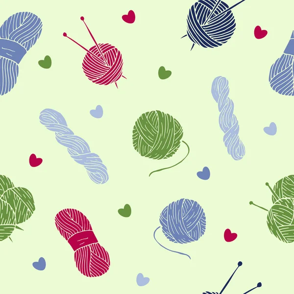 編物の要素 編物の針とバブーンとシームレスなパターン 手描きの編物の要素は 明るい緑の背景に隔離された — ストックベクタ