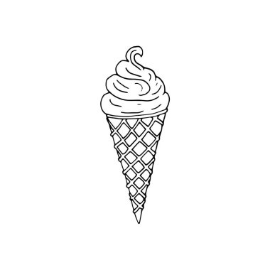 Vector el, dondurma resimli waffle külahı çizdi. Etiketler, ambalaj ve kart tasarımı için taslak ögesi.