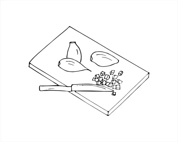 Ručně Kreslený Nasekaný Česnek Řezací Desce Nůž Vektorová Ilustrace Bílém — Stockový vektor