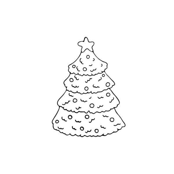 Árbol Navidad Dibujado Mano Decorado Con Luces Estrellas Ilustración Vectorial — Vector de stock