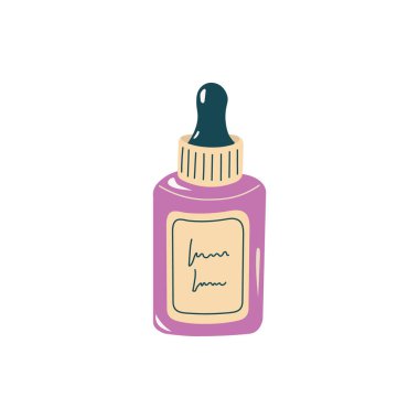 Düşürme şişesinde yüz serumu, nemlendirici ve hijyen konsepti. Sabah rutini. Beyaz arka planda izole edilmiş şişe içindeki yüz serumu maskesi. Çizgi film tarzında vektör illüstrasyonu