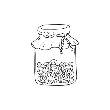 Solucan dolu el yapımı bir şişe. Cadılar Bayramı illüstrasyonu. Cadılar Bayramı için sihirli iksir. Doodle tarzında vektör illüstrasyonu. Beyaz arkaplanda vektör Cadılar Bayramı illüstrasyonu. 