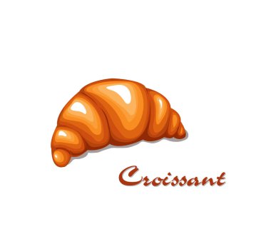 Kruvasan çizgi film stili. Fırın ve süpermarket menüsü için organik gıda ürünü. Beyaz üzerine izole edilmiş vektör çizimi. Tasarım menüsü kafe, restoran, bistro, mağaza, etiket ve paketleme için beyaz arkaplanda izole edilmiş vektör.