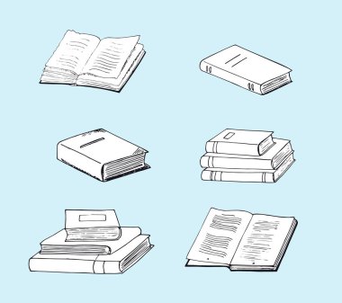 Elle çizilmiş çeşitli kitaplar eski kitapları ve kitap yığınlarını açtı. Açık mavi arkaplanda kitap vektör koleksiyonu izole edildi.