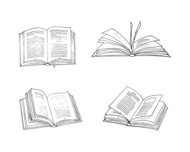  Elle çizilmiş çeşitli kitap çizimleri. Açılan Kitaplar ayarlandı. Kitap taslakları koleksiyonu. Beyaz arkaplanda izole.