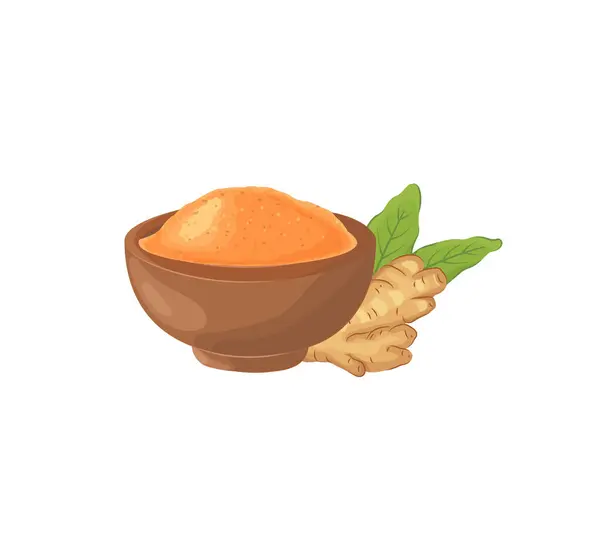 Yeşil yapraklı zencefil kökü ve tahta kasede kuru zencefil tozu. Ayurvedic ilaç ve yemek pişirmek için baharat. İzole edilmiş çizgi film vektör çizimi. 