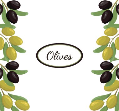 Yeşil ve siyah zeytin yaprakları ve dalları. Yemek çizimi. Çizgi film düz zeytinli arka plan. Dikey tasarım şablonu. Vektör illüstrasyonu.