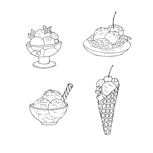 一套手绘冰淇淋 放在玻璃杯 华夫饼筒和盘子里 甜点涂鸦风格插图 — 图库矢量图片