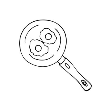 Kızartma tavasında yumurta karalama tarzında. Beyaz arkaplanda el çizimi illüstrasyon.