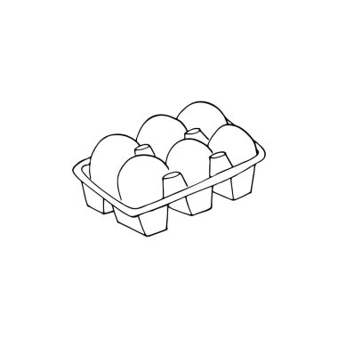 Chicken eggs in a carton pack. Eggs in an opened box. Hand-drawn vector illustration of an egg container  Isolated on a white background. clipart