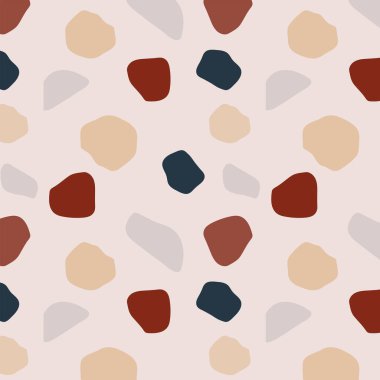 Geniş renkli lekeleri olan soyut, pürüzsüz bir desen. Kırmızı, mavi, açık pembe noktalar açık arkaplanda. Kumaş, tekstil, arkaplan, duvar kağıdı için. 