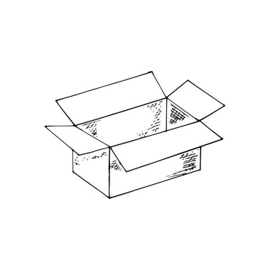 El çizimi açık posta kutusu. Kargo, posta, nakliye ya da depolama için bir karton kutu. Çizim biçimi izole edilmiş illüstrasyon. 