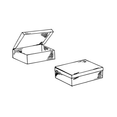  Kraft kutusu karalama tarzında. Kapalı ve karton kutuyu açtı. Beyaz arkaplanda elle çizilmiş illüstrasyon.