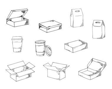 El yapımı el işleri ve kahve fincanları seti. Beslenme çantaları, posta kutuları ve kahve fincanları kapalı ve açıldı.. 
