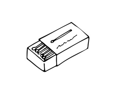 Kibrit çöplü el çizimi kibrit kutusu. Şenlik ateşi yakmak için tahta çubuklar. Bir kutu tahta çubuk açın. Karton pakette ateşleme aracı.