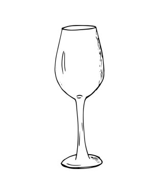 Boş şarap kadehi çizimi. Beyaz arkaplanda el çizimi illüstrasyon.