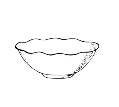 Boş seramik kase. Mutfak eşyalarının el çizimi. Beyazda izole edilmiş. Mutfak, yemek, akşam yemeği, hazırlık..