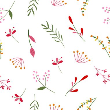 Kusursuz desen. Beyaz arka planda düz bahar çiçekleri. Kumaş, tekstil, ambalaj kağıdı, kapak ve arka plan için.. 