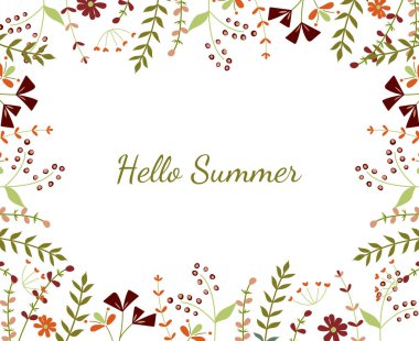Düz çiçekli yaz illüstrasyonu. Parlak renkleri ve narin yaprakları olan sanatsal çiçek kenarı. Üzerinde 