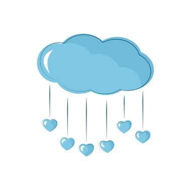 Kalpli neşeli mavi bulut. Yağmur damlalarıyla dolu bir bulut Yumuşak mavi kalp şeklinde yağmur damlalarına karışıyor.