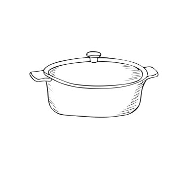 Elle çizilmiş tencere ikonu. Tencere, tencere, damlayan tava, mutfak gereçleri. Mutfak aşçısı için resim.