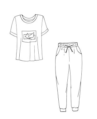 Kadın iç çamaşırı, tişört ve cebi ve kemeri olan atletik pantolon. Beyaz üzerine el çizimi illüstrasyon izole. 