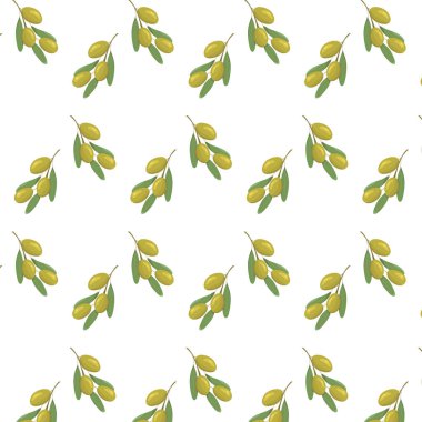 Yeşil zeytin düz, dikişsiz desen. Petrol, sağlık ürünleri ve organik doğal kozmetik ürünleri için tasarım. Beyaz arka planda meyve ve yapraklı zeytin dalı. 