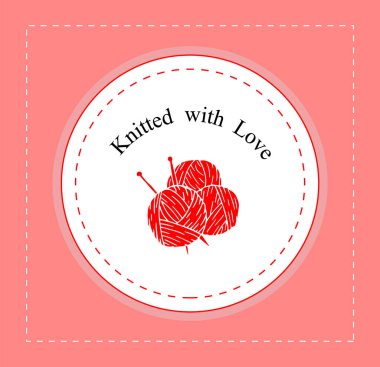 Kırmızı iplik ve örgü iğneleriyle örülmüş etiketler. Sevgiyle örülmüş metinle. İzole vektör illüstrasyonu.