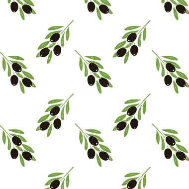 Beyaz arka planda yeşil yapraklı siyah zeytin dalı. Kumaş, arkaplan, duvar kağıdı, kapak, ambalaj kağıdı deseni
