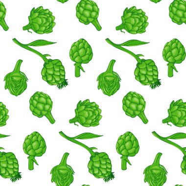 Beyaz arka planda yeşil organik enginar deseni. Yeşil sebze çizimi. 
