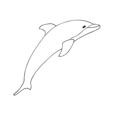 Siyah çizgili basit bir el çizimi yunus. Asgari deniz illüstrasyonu, çocuk boyama sayfaları, eğitim malzemeleri, çıkartmalar veya okyanus temalı projeler için mükemmel..