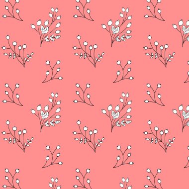 Mercan zemininde elle çizilmiş dalları olan pürüzsüz güllük gülistanlığı deseni. Kumaş, ambalaj kağıdı ve ekolojik ambalaj tasarımları için mükemmel..