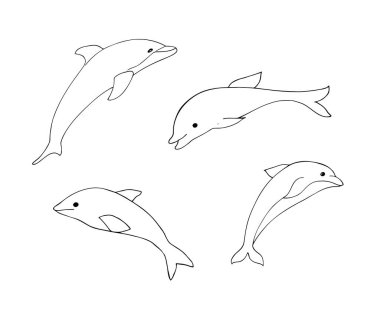 Farklı pozlarda el yapımı şirin yunuslar. Beyaz arka planda minimal siyah çizgi sanatı, boyama sayfaları, çocuk tasarımları ve deniz temalı projeler için mükemmel..