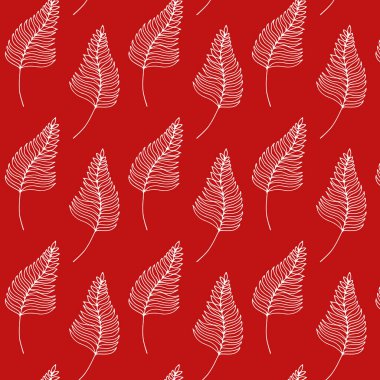 Tropikal palmiye yaprakları koyu kırmızı arka planda açık renkli olur. Yaz hissi veren egzotik botanik desenler.