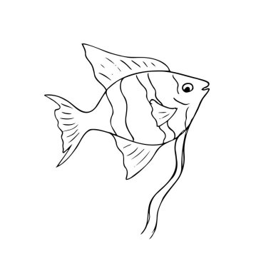 Beyaz zemin üzerinde izole edilmiş tropikal balıkların çizgi çizimi basit siyah ana hatlı su hayvanlarının çizimi boyama kitapları veya eğitim tasarımı için minimum stil